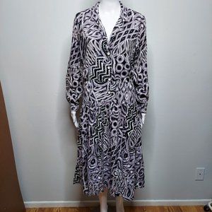 70s Dannys of California Midi Shirt Dress M/L Purple Black Geometric Stains USA